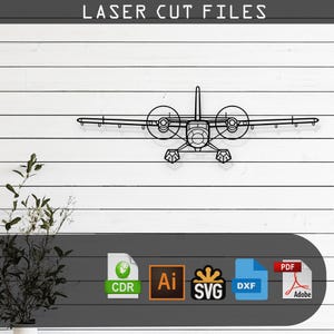 May include: A black and white line art illustration of a small aircraft with two propellers. The image is on a white wood background. The text "LASER CUT FILES" is at the top of the image. Below the image are icons for the following file types: CDR, AI, SVG, DXF, and PDF.