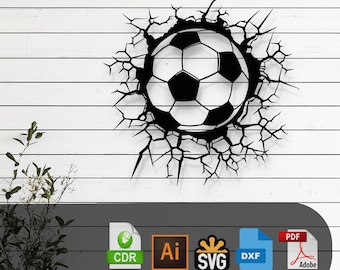 Diseño vectorial cortado con láser de balón de fútbol decorativo: archivos SVG, DXF, Ai y PDF Glowforge, Cricut, CNC, metal, decoración de pared, descarga digital instantánea