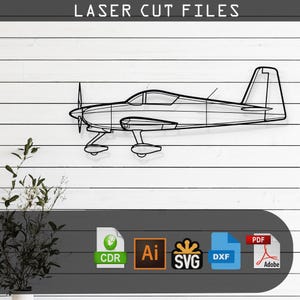 May include: A black and white line drawing of a small airplane, suitable for laser cutting. The image includes the text "LASER CUT FILES" at the top and icons for CDR, AI, SVG, DXF, and PDF file formats.