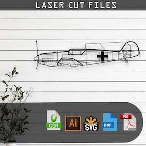 May include: A black and white line art illustration of a World War II era German fighter plane, the Messerschmitt Bf 109. The plane is shown in profile view with the German cross insignia on the fuselage. The image is labeled "LASER CUT FILES" and includes icons for CDR, AI, SVG, DXF, and PDF file formats.