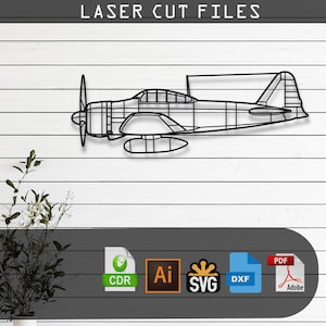 May include: A black wireframe silhouette of a propeller airplane mounted on a white horizontal plank wall. The text LASER CUT FILES appears at the top, with file format icons for CDR, Ai, SVG, DXF, and PDF displayed at the bottom of the image.