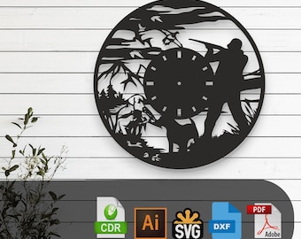 Reloj de pared decorativo de caza cortado con láser, archivos vectoriales: SVG, DXF, Ai, Pdf Glowforge, Cricut, CNC, arte de pared de metal, descarga digital instantánea