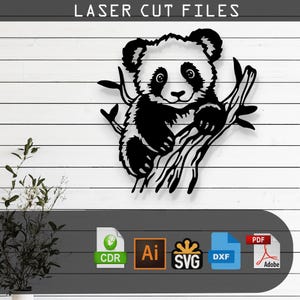 May include: Black and white digital file of a panda bear sitting on a branch. The file is available in CDR, AI, SVG, and DXF formats.