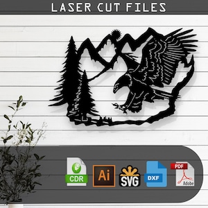 Eagle and Mountain Scenery Silhouette Laser Cut, Vector Files – SVG, DXF, Ai, Pdf Glowforge, Cricut, CNC, Wall Art, Digital Instant Download