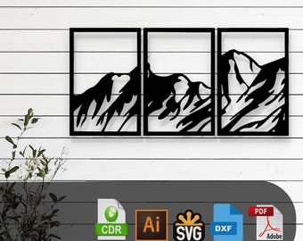 Diseño vectorial cortado con láser de montaña decorativa: archivos SVG, DXF, Ai y PDF para Glowforge, Cricut, CNC, metal, decoración de pared, descarga digital instantánea