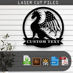 Drapeau des Etats-Unis personnalisable Dragon Silhouette vecteur découpé au laser - SVG, DXF, Ai, fichiers Pdf Glowforge, Cricut, métal, décoration murale, téléchargement numérique
