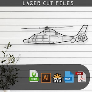 Könnte beinhalten: Schwarze Metall-Wandkunst eines Hubschraubers. Der Hubschrauber ist eine Strichzeichnung mit detailliertem Design von Rumpf, Rotor und Heck. Der Text "LASER CUT FILES" steht oben. Darunter Dateityp-Symbole: CDR, AI, SVG, DXF und PDF.