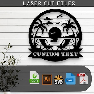 May include: Black and white laser cut file design of a beach scene with palm trees, a sunset, and two lounge chairs. The design includes the text "CUSTOM TEXT".