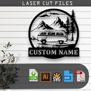 May include: Black and white laser cut file design of a vintage camper van in front of mountains and trees. The design includes the text "CUSTOM NAME".