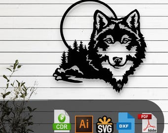 Diseño vectorial cortado con láser de lobo decorativo: archivos SVG, DXF, Ai y PDF para Glowforge, Cricut, CNC, metal, decoración de pared, descarga digital instantánea