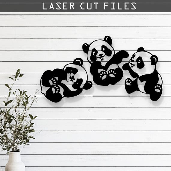 3 個のパンダのシルエット デザイン レーザー カット SVG DXF ファイル