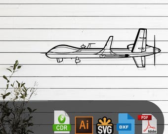 May include: A black and white line drawing of a drone, with the text "LASER CUT FILES" at the top of the image. Below the drawing are icons for CDR, AI, SVG, DXF, and PDF file formats.