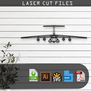 May include: Black and white line art illustration of a cargo plane. The image includes the text "LASER CUT FILES" at the top.  The image also includes icons for CDR, AI, SVG, DXF, and PDF file formats.