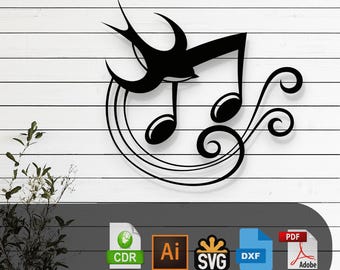 Archivo SVG/DXF cortado con láser de notas musicales y pájaros / Arte de pared en metal, calcomanía de grabado, plantilla de silueta / Vector digital para descarga instantánea