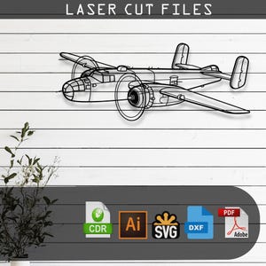 May include: Black laser-cut metal airplane design. The image features a detailed outline of a vintage aircraft, with propellers and wings. The text "LASER CUT FILES" is at the top. Below are file format icons: CDR, AI, SVG, DXF, and PDF.