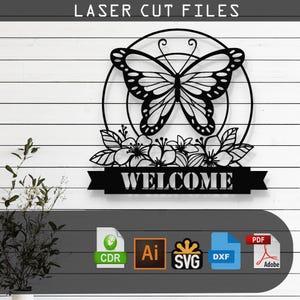 カスタマイズ可能な蝶と花のレーザーカット - ウェルカムサイン - Glowforge Cricut CNC 壁装飾用 SVG DXF Ai Pdf ファイル メタルアート デジタル