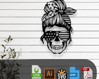Usa Flag Skull with American Girl Laser Cut, Vector File–SVG, DXF, Ai, Pdf Glowforge, Cricut, CNC, Metal Wall Art, Digital Instant Download