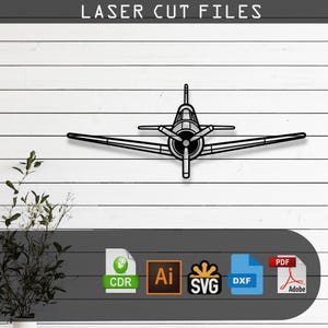 May include: A black laser cut file design of a propeller airplane viewed from the front. The text LASER CUT FILES appears at the top. Below the airplane are icons for CDR, Ai, SVG, DXF, and PDF file formats on a dark gray banner.