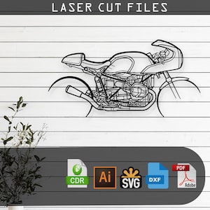 Może przedstawiać: Czarno-biała grafika motocykla, odpowiednia do cięcia laserem. Projekt zawiera szczegółowe elementy silnika, ramy i kół. Tekst "LASER CUT FILES" znajduje się u góry. Zawiera formaty plików: CDR, AI, SVG, DXF i PDF.