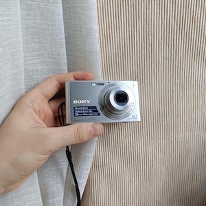 Könnte beinhalten: Eine silberne Sony Cyber-shot Digitalkamera mit Carl Zeiss Objektiv, SteadyShot-Technologie, 4-fachem optischen Zoom und einem 14,1-Megapixel-Sensor. Die kompakte Kamera verfügt über eine schwarze Handschlaufe am metallischen Gehäuse.