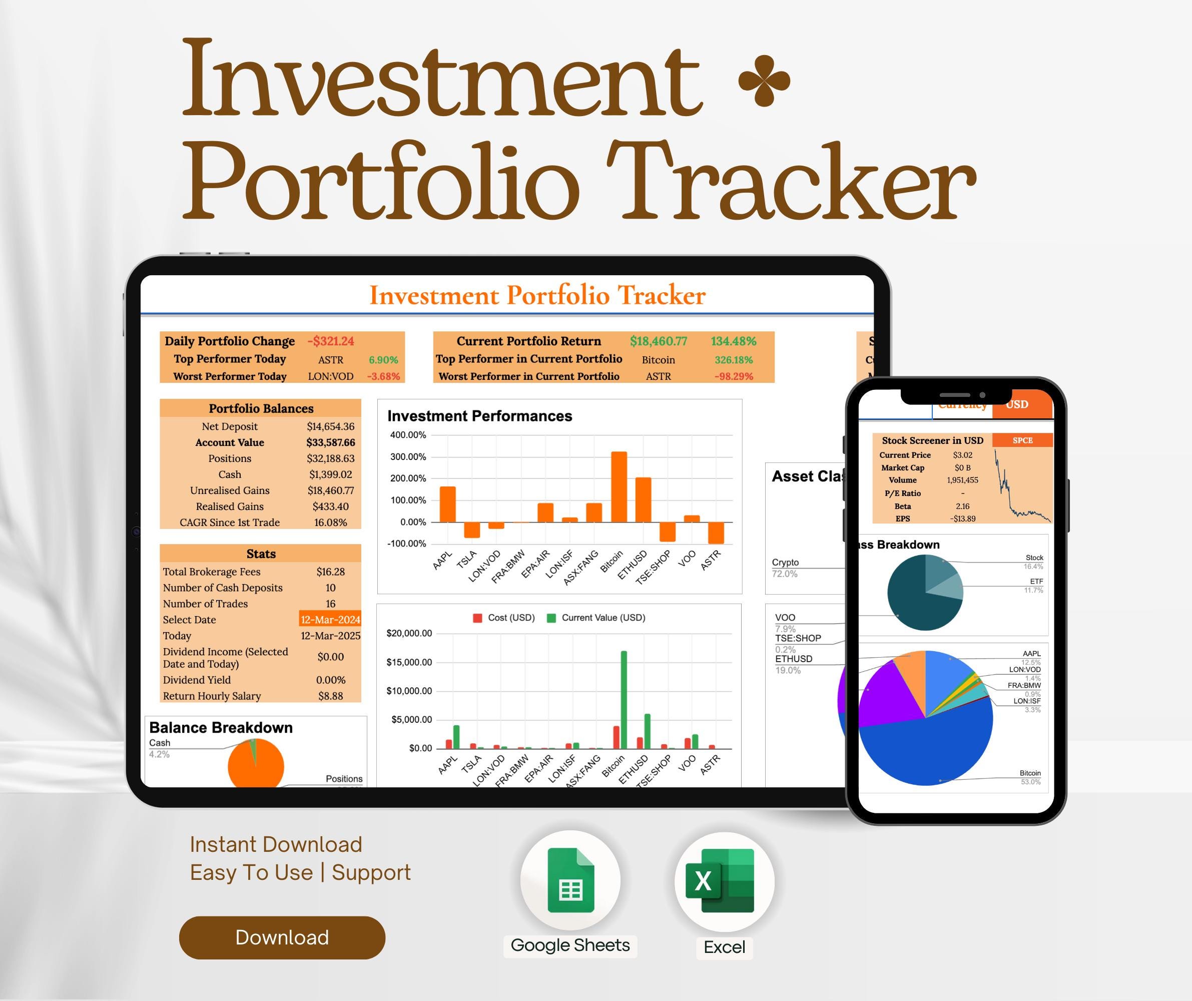 Investment Portfolio Tracker | Google Sheets Finance Planner | Stock ...