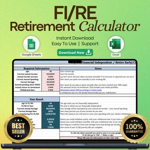 May include: A screenshot of a spreadsheet with a retirement calculator. The spreadsheet is titled "FI/RE Retirement Calculator" and includes fields for age, current annual income, annual income increase, current annual spending, current savings, annual spending when FIRE, annual return on investment, and withdrawal rate. The spreadsheet also includes a section for notes and a section for results.
