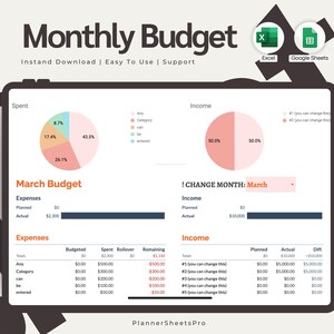 Monthly Budget Spreadsheet | Google Sheets Budget Tracker | Finance Planner Template