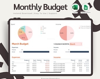 Monthly Budget Spreadsheet | Google Sheets Budget Tracker | Finance Planner Template