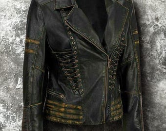 Bikerjack van verweerd schapenleer – vintage veterdesign