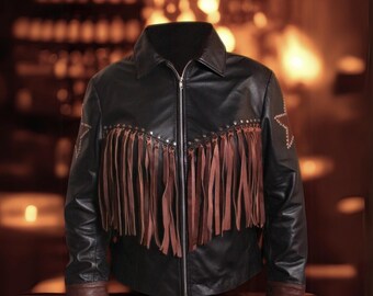 Chaqueta de cuero con flecos de estrellas / Chaqueta vaquera estilo motociclista con tachuelas