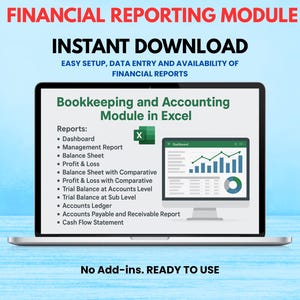 Könnte beinhalten: Ein Laptop-Bildschirm zeigt ein Finanzberichtmodul in Excel mit dem Text "SOFORTIGER DOWNLOAD". Der Bildschirm zeigt eine Liste von Berichten, darunter Dashboard, Bilanz und Kapitalflussrechnung. Der Text "No Add-ins. READY TO USE" ist ebenfalls enthalten.