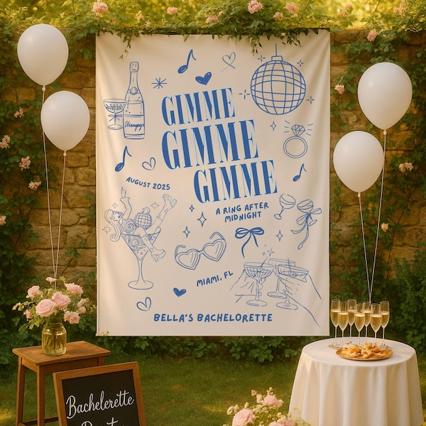 Tapiz de despedida de soltera Mia Gimme Gimme, pancarta personalizada para despedida de soltera de Brides Mama, decoraciones de Last Disco, fondo Something Blue