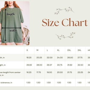 May include: Size chart for a t-shirt with measurements in inches for width, length, sleeve length from center back, and size tolerance.