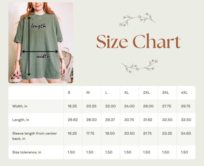 May include: Size chart for a t-shirt with measurements in inches for width, length, sleeve length from center back, and size tolerance.