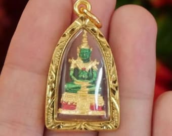 Thai Emerald Buddha Pendant Gold Micron Frame Buddhist Necklace Sacred Thai Amulet Enamel Brass Spiritual Gift Thailand