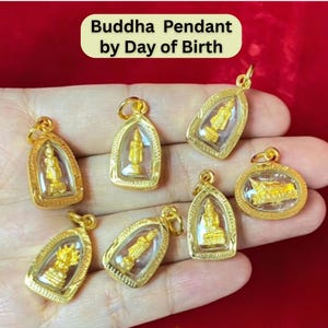 Thai Buddha Amulet Necklace Pendant by Day of Birth, 24K Micron Gold-Plated  Frame, 13x20mm, Waterproof, Non-Allergic, Gift for Him/Her