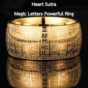 Gold 18K Herz Sutra Ring, Hataisutta Magische Buchstaben, kraftvoller Ring, heiliger thailändischer / tibetischer Mantra Schmuck, buddhistischer Schutz und Achtsamkeit Amulett