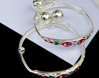 Baby Anklet 90% Real Silver, Newborn to 2 Years Toddler Anklet, Enamel Cute Design,Thai Handmade, Free Silver Polishing Cloth, 2 anklets