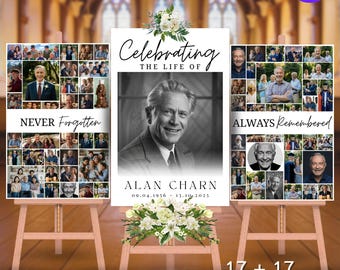 Modello di cartello di benvenuto per funerali - Decorazione per celebrare la vita, grande poster per funerali, modello Canva per collage di foto funebri - Download immediato