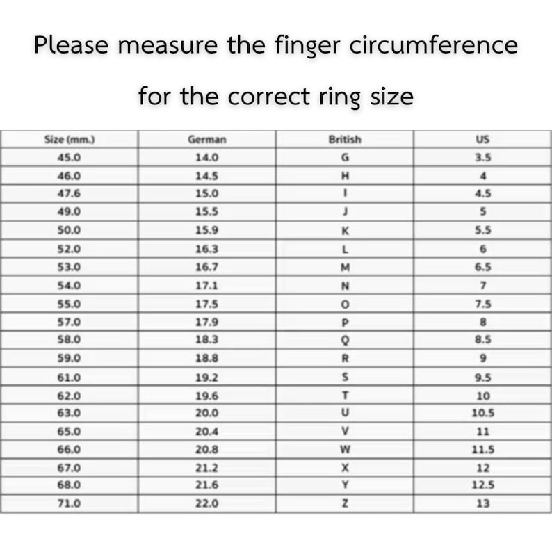 K&ouml;nnte beinhalten: Eine Ringgr&ouml;&szlig;entabelle mit dem Text "Bitte messen Sie den Fingerumfang f&uuml;r die richtige Ringgr&ouml;&szlig;e." Die Tabelle zeigt Gr&ouml;&szlig;en in mm, deutscher, britischer und US-amerikanischer Gr&ouml;&szlig;e. Die Tabelle ist wei&szlig; mit schwarzem Text.