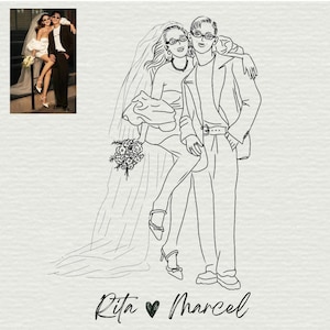 Hand Drawn Custom Couple, Bride and Groom Personalized Illustration Whimsical, Husband and Wife, Girlfriend Boyfriend Gift, Wedding Portrait