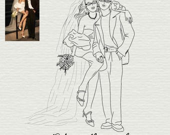 Hand Drawn Custom Couple, Bride and Groom Personalized Illustration Whimsical, Husband and Wife, Girlfriend Boyfriend Gift, Wedding Portrait