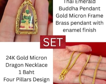 Set of Thai 24K Gold Micron Dragon Necklace 1 Baht, Four Pillars Design and Thai Emerald Buddha Pendant Gold Micron Frame