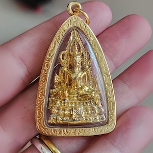 Phra Buddha Chinnarat Amulet, Blessed Thai Buddha Pendant 96.5% Gold Plated Frame, Lucky Protection Talisman Spiritual Jewelry, large size