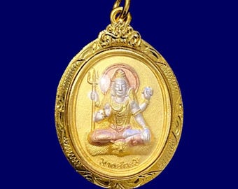 Hindu Pendant: Lord Shiva & Goddess Parvati, Powerful 3K Gold Amulet, Waterproof Micron Gold Case, Destroyer of Evil,Protect, Amulet Antique