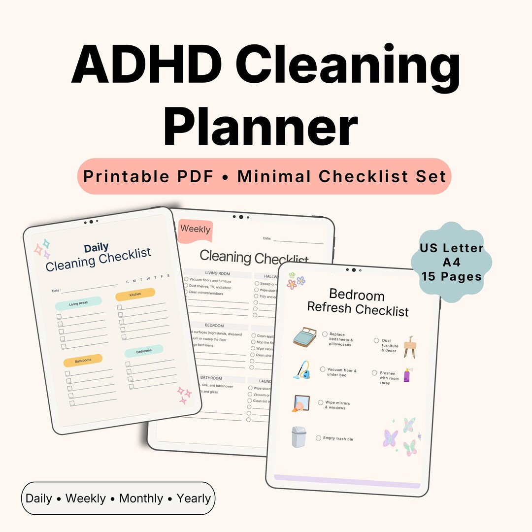 ADHD Cleaning Checklist Printable, Minimal Home Management Planner, A4