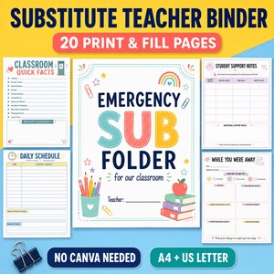 May include: A digital substitute teacher binder set featuring 20 print and fill pages. The main cover reads Emergency Sub Folder for our classroom with illustrations of pencils, books, and an apple. Includes forms for classroom facts, daily schedules, student support notes, and while you were away reports. Available in A4 and US Letter sizes.