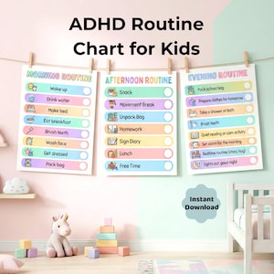 印刷可能なADHDの子供用ルーチンチャート：朝、午後、夕方の視覚スケジュール（USレター/A4）