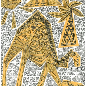 8,5x11 in Originale,Arte primitiva,Collage,Arte etnica africana,Cammelli, Arte africana,Arte nomadi,Arte beduini,Popoli aborigeni,Nomadi,Tewarik