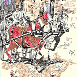 Altes Bagdad, irakische Kultur, Stadtansicht, klassischer Pferdewagen, Naher Osten, traditionelle irakische Häuser, Pferde, irakische Kunst, Bagdad Kunst, Bagdad